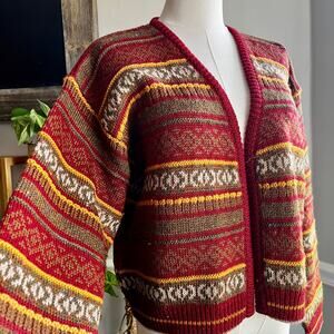 Vintage 90s Red Green Yellow Wool Open Front Cardigan Size Small